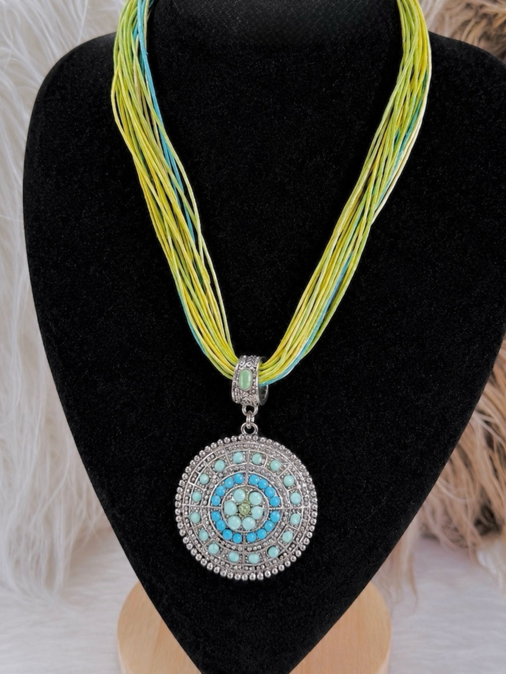 Bohemian Chic Artisan Silvertone Necklace with Green and Blue Accents
